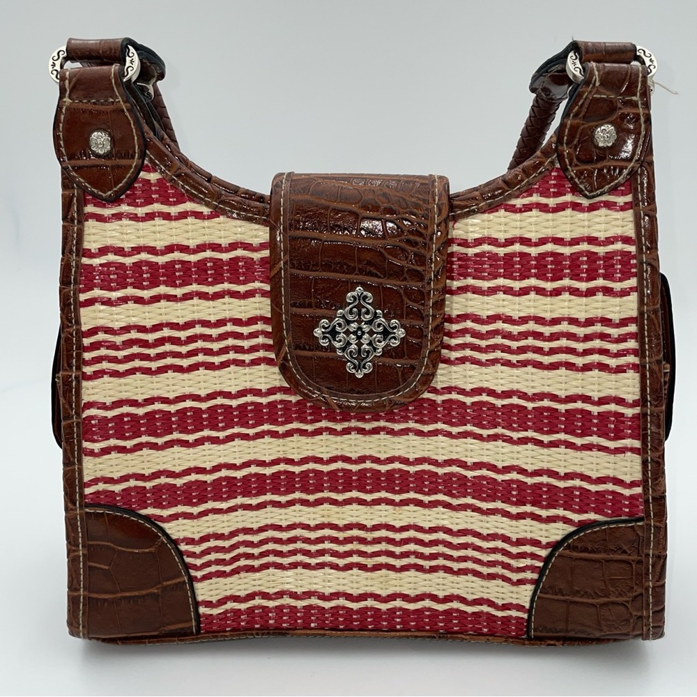 Rossetti Woven Faux Croc Shoulder Bag Red Stripes Western Cross Accent